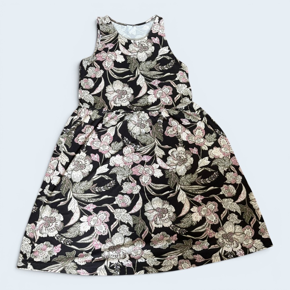Old Navy Black Pink Floral Sleeveless Fit Flare Dress XS Cottagecore Boho - Picture 2 of 7